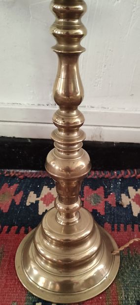 Pair of large bronze candlesticks, turned shafts, cups, high bases with steps, WB...