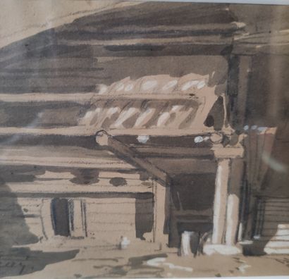 null Eugène CICERI (1813-1890) Cour de ferme Dessin aquarellé et rehauts de gouache...