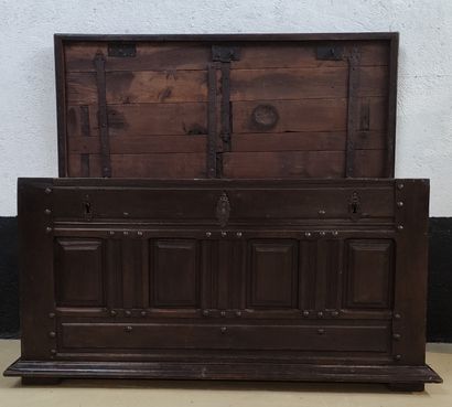 null Oak COMMUNITY CHEST opening with three locks, front with four panels, panelled...