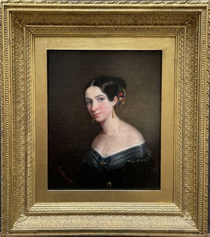  Emilie SCHMACK (1817-1886) Portrait de dame aux fleurs des champs Signée et datée...