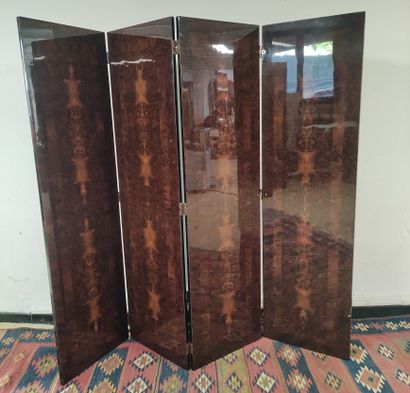 null Four-panel lacquered and black varnished wood screen with imitation marquetry...