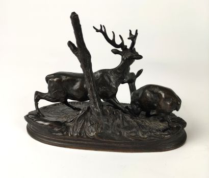 null Pierre-Jules MENE (1810-1879) Surprised deer and doe Antique bronze proof with...