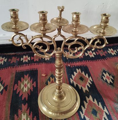 null Pair of large scrolled candlesticks with four bowls and cups, turned shafts,...