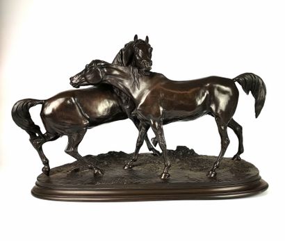 null Pierre-Jules MENE (1810-1879) (after) The Accolade Black patina bronze 33 x...