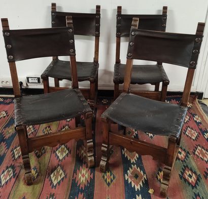 SET OF FOUR WALNUT CHAIRS with leather back...