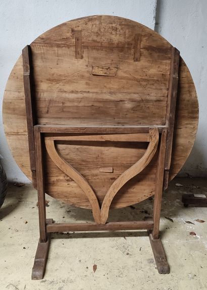 null VINE GROWER'S TABLE in fruitwood and poplar with a folding top, lyre base resting...