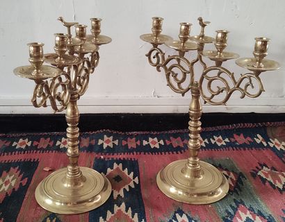 null Pair of large scrolled candlesticks with four bowls and cups, turned shafts,...