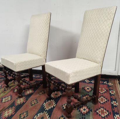 null Pair of walnut chairs with high back, beautiful turned baluster legs. Burgundy,...