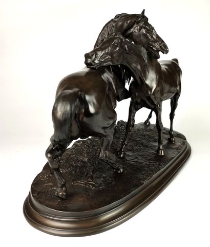 null Pierre-Jules MENE (1810-1879) (after) The Accolade Black patina bronze 33 x...