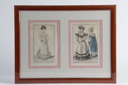 null Fashion engravings: lot of five framed pieces featuring color engravings from...