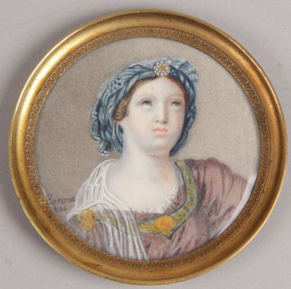 null ECOLE FRANÇAISE DU XIX SIECLE. « Portaient de jeune fille au turban bleu » Miniature...