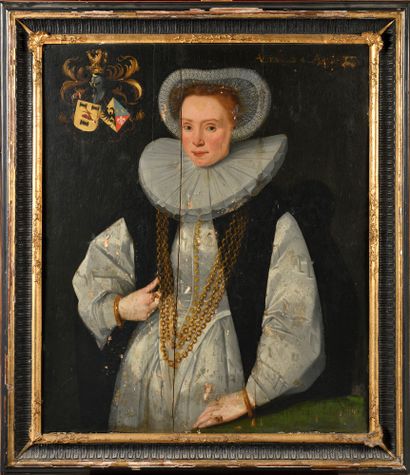 null ECOLE HOLLANDAISE VERS 1620 Portrait de dame à la colerette âgée de 24 ans Panneau...