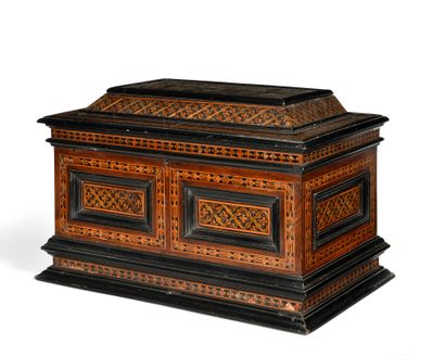 null Architectural chest in geometric marquetry with all-sided decoration of precious...