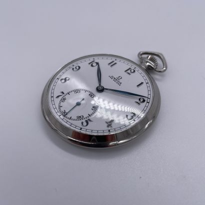 null OMEGA CIRCA 1930. Steel pocket watch. White dial signed. Painted Arabic numerals....
