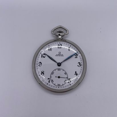 null OMEGA CIRCA 1930. Steel pocket watch. White dial signed. Painted Arabic numerals....