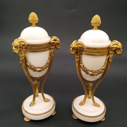 null DEUX CASSOLETTES de style Louis XVI 

en marbre blanc et bronze doré à têtes...
