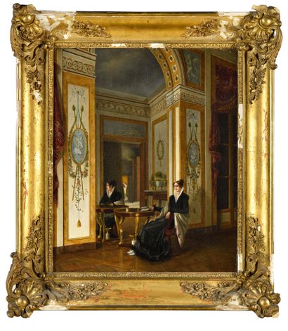 null EARLY 19TH CENTURY FRENCH SCHOOL. "Young woman in her cabinet". Oil on canvas....