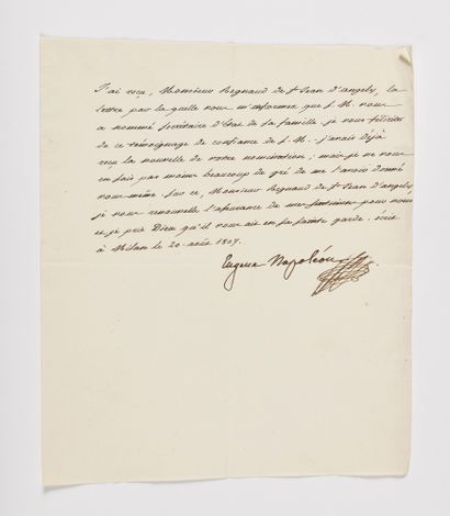  6. BEAUHARNAIS (Eugène de). Lettre signée au secrétaire d'État de la Famille impériale...