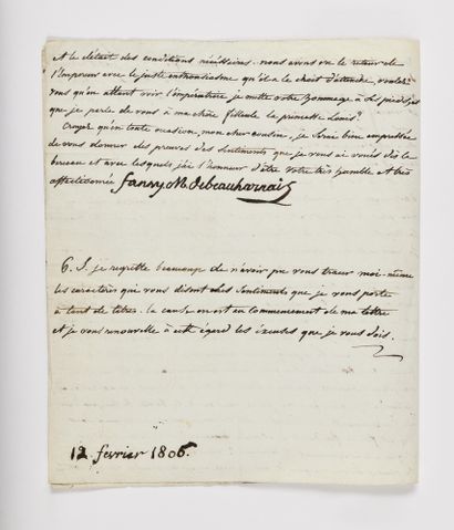  10. BEAUHARNAIS (Marie-Anne-Françoise Mouchard de Chaban, called Fanny de). Letter...