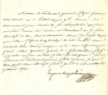  7. BEAUHARNAIS (Eugène de). Lettre signée « Eugène Napoléon » en qualité de vice-roi...