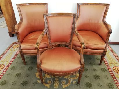 null Paire de BERGERES et un fauteuil de style Louis XVI 

en bois sculpté et garnis...