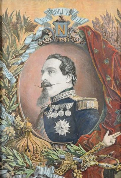 null «Vox Populi. Vox Dei. L'Empereur Napoléon III en buste.» Grande gravure aquarellée...