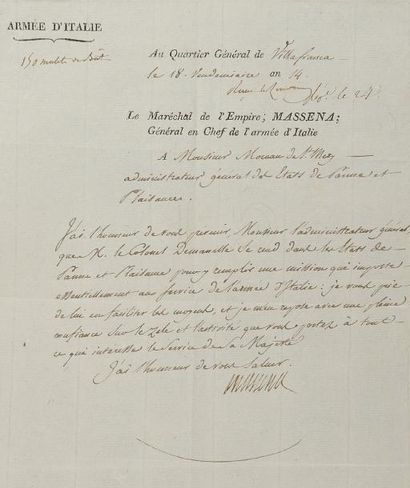 MASSÉNA (André) Lettre signée à l'administrateur général des États de Parme et Plaisance,...
