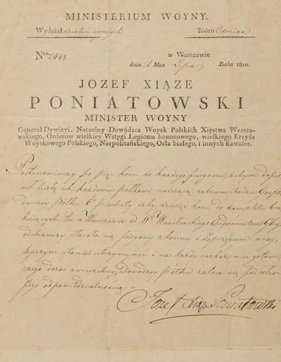 PONIATOWSKI (Joseph) Lettre signée «Jozef xiqze Poniatowski [Joseph prince Poniatowski]»...