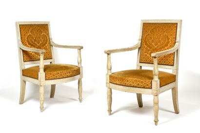 A Pair of flat-backed armchairs, in moulded...