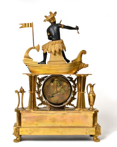 null Gilt bronze and patinated bronze "Amerindian hunter" clock symbolizing the discovery...