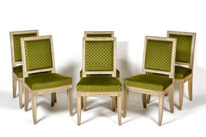 null SUITABLE FOR SIX flat-back chairs in grey relacquered wood, moulded and carved...