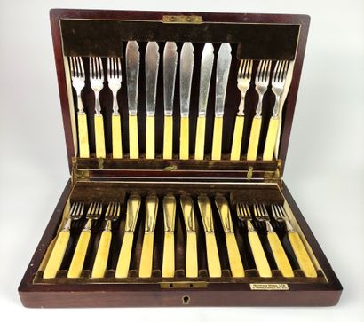  MAPPIN & WEBB Twelve silver and ivory fish cutlery. Original mahogany case. (some...