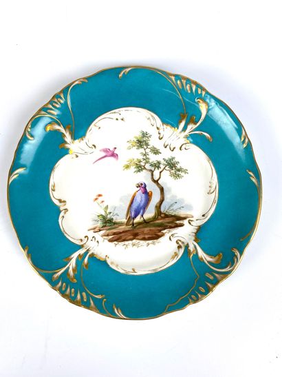 null PARIS Nine white and blue porcelain plates with polychrome decorations of birds...