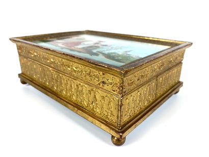 null Large paper maché box with a mirror, the tray fixed under glass with Empire...