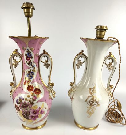 null PARIS Pair of large vases mounted in white and pink porcelain and gold highlights....