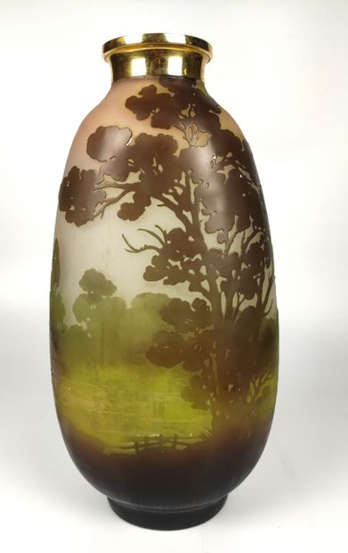 null GALLE A large ovoid engraved glass vase with landscape decorations near a lake,...