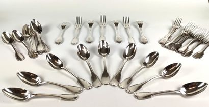 null EIGHT FORKS AND EIGHT SPoons in silver with initials decoration. Vieillard hallmark...