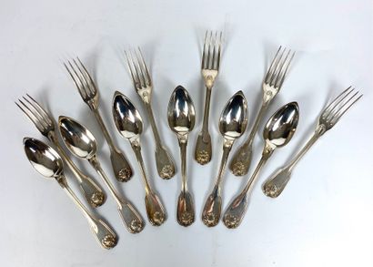SIX SILVER SPANISH CUTLERY with shells Minerva...