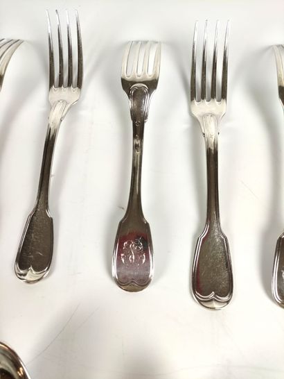 null EIGHT FORKS AND EIGHT SPoons in silver with initials decoration. Vieillard hallmark...