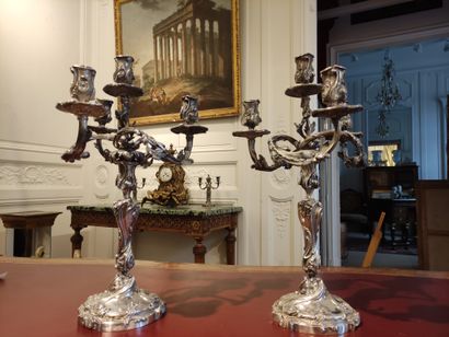 PAIR OF CANDELABRES in silvered bronze with...