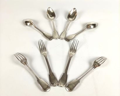 FOUR FORKS AND FOUR SPoons in silver. Minerve...