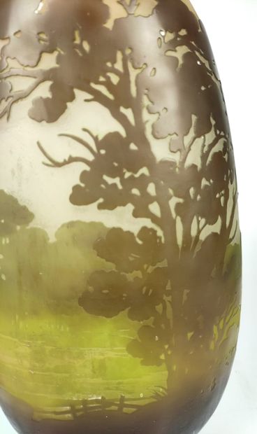 null GALLE A large ovoid engraved glass vase with landscape decorations near a lake,...