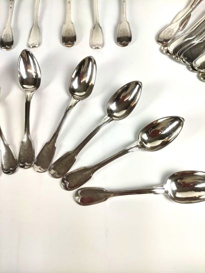 null EIGHT FORKS AND EIGHT SPoons in silver with initials decoration. Vieillard hallmark...
