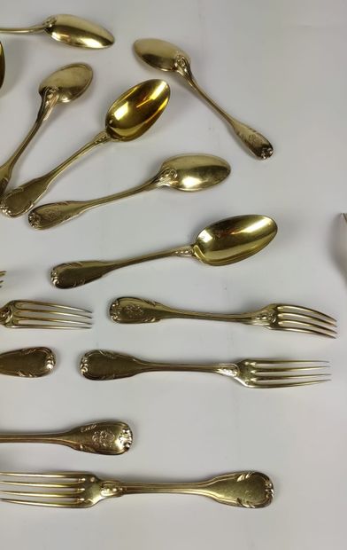 null TWELVE GOLDEN SPATULAS, the spatula engraved Minerve hallmark Weight : 1490...