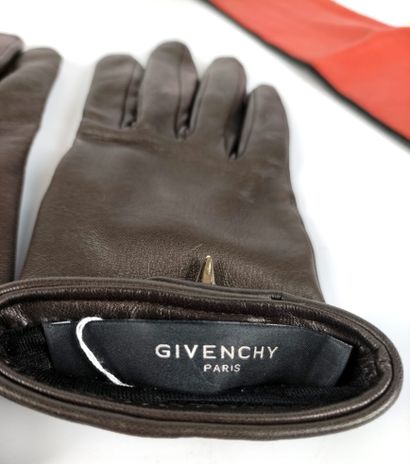 null GIVENCHY Two pairs of gloves, one chocolate and the other long two-tone black/orange....