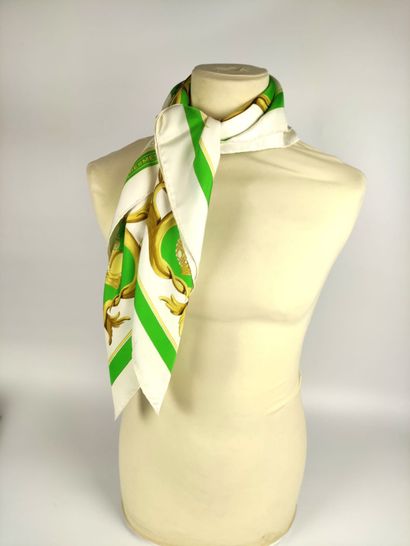 null HERMES Silk scarf decorated with golden crowns on a green background. Mark ...