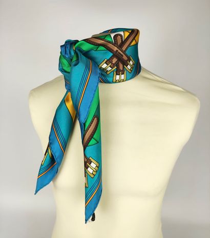 null HERMES Silk scarf with colored straps decoration. Box. Stains.