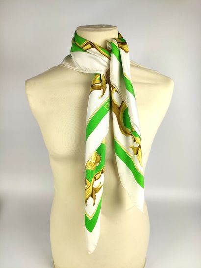null HERMES Silk scarf decorated with golden crowns on a green background. Mark ...