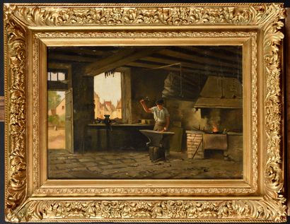 null Eugène Jules DELAHOGUE (1867-1934) The Blacksmith at the Workshop Oil on canvas...