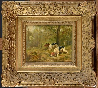 null Albert CHARPIN (1842-1924) Two setters in the forest Oil on panel, signed lower...